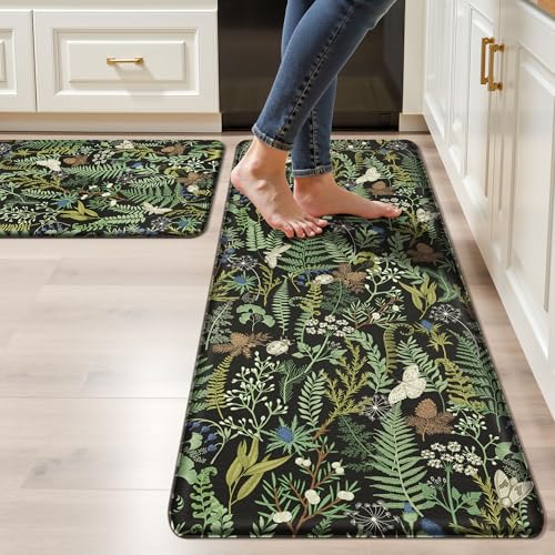 Black Green Botanical Kitchen Rugs Set of 2 Plant Leaf Anti-Fatigue Kitchen Mat Natural Comfort Standing Waterproof PVC Mats 2/5" Thick Leather Carpet for Laundry Office Sink(17.3" x28" + 17.3" x 47")