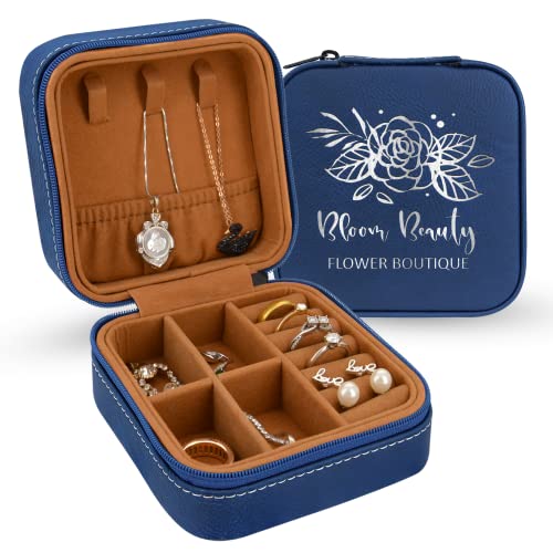 Personalized Travel Jewelry Box with Optional Custom Portable Mirror, Leatherette Jewelry Organizer, Small Traveling Ring Holder, Birthday Gifts for Girls, Valentines Day Gift (Blue)