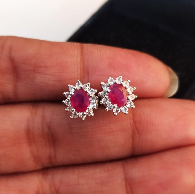 Puces d'oreilles ovales argent 925 rubis naturel véritable et topazes blanches LK_VSTD_0095