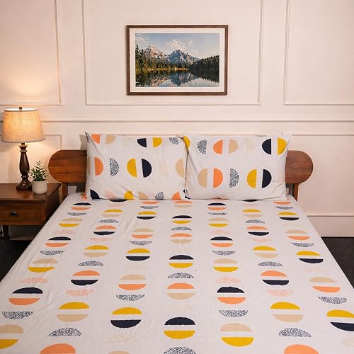 Image of Amazon Brand - Umi Cotton Fitted Bedsheet, Queen Size 78x60 Inches, Elastic Fit Bed Sheet, 10 Inch Deep Pocket, Soft Breathable Bedding, Durable Easy Care, with Pillow Cover-Geo Sunset