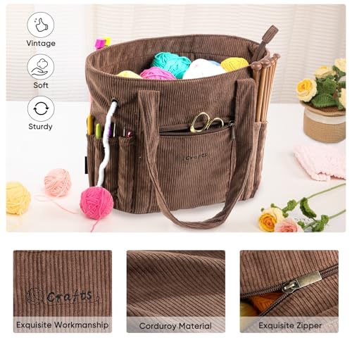 Image of MYBAGZING Corduroy Crochet Bag 11.5 inch Large Yarn Storage Tote with Grommets, Needle Holders - Knitting Bag Organizer for Crochet Hooks, Accessories, Tools & Projects -Gift for Knitters & Crafters