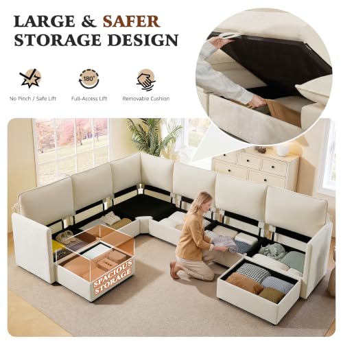 Image of Ihanherry Oversized Modular Sectional Sofa with Storag, 8-Seater V Shaped Cloud Couch with Movable Ottomans, Chenille Deep Seat Corner Couches for Living Room (Beige)