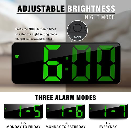 Image of JQGO Digital Alarm Clock, LED Digital Alarm Clock, Mirror, Table Clock, USB Cable, Slim Alarm Clock, 12 /24 Hours, Snooze, Voice Control, Temperature Display, Brightness Adjustable, Bedroom, Green