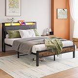 JURMERRY Full Bed Frame with Charging Station and LED Lights, Upholstered Headboard with Storage Shelves, Heavy Duty Metal Slats, No Box Spring Need, Noise Free, Easy Assembly,Full Black