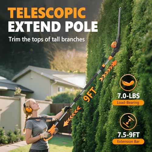 Image of Alloyman 20V Pole Hedge Trimmer, Cordless Hedge Trimmer with 2 Packs 4.0Ah Battery & Charger, 9-Feet Reach, Electric Bush Trimmer with Extension Pole for Shrubs Pruning