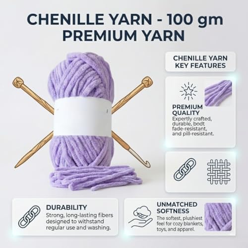 Image of Soft Chenille Yarn 100 gm Soft Velvet Wool Oon for Crochet Knitting DIY Craft Multipurpose Yarn Ball for Blanket Scarf Cushion Making (Purple) (Pastel Purple)
