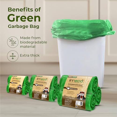 Image of IMECO Eco Garbage Bags | 300 Pcs | Medium - 19 x 21 Inches | 30 Pcs x 10 Rolls | Green | Biodegradable Dustbin /Trash Bags with Detachable Drawstrings | Perfect for Dry & Wet Waste