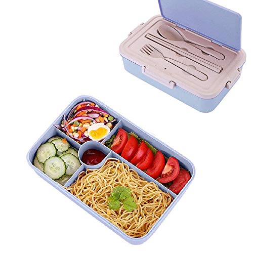 Lady of Luck Caja de Almuerzo, Bento Box Fiambreras Portatil con 5 Compartimentos Hermetica con Cubiertos Bento Box para Niños para Trabajo Escuela Viajes (Azul)
