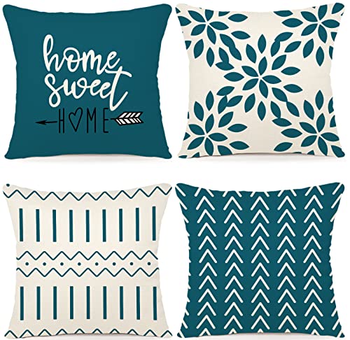 YCOLL Pillow Covers 16x16 Set of 4, Modern Sofa Throw Pillow Cover, Decorative Outdoor Linen Fabric Pillow Case for Couch Bed Car,Teal