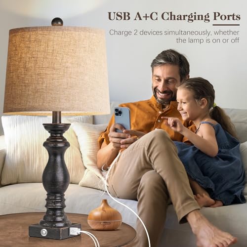 Image of 24.5 inch Table Lamp Set of 2, Rustic Farmhouse Bedside Lamps with USB A+C Charging Ports, 3-Way Dimmable Touch Control Nightstand Lamps for Living Room Bedroom, Antique Black, LED Bulbs Included