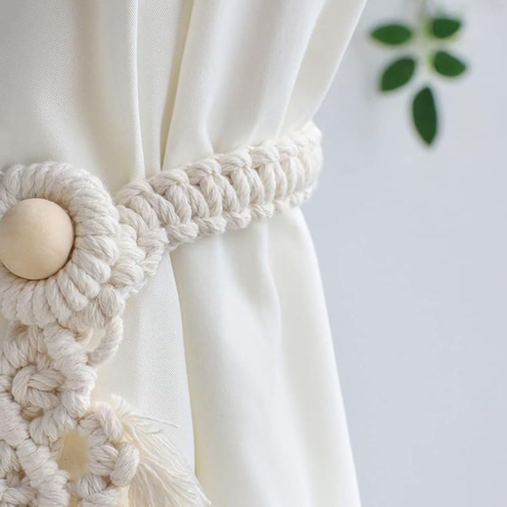 2 Pièces Embrasses De Rideaux Bohèmes Macramé Feuilles - Beige - Attaches Rideaux