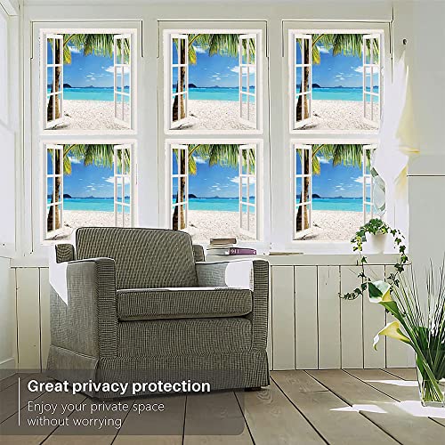 Turquoise Decorative Window Film, Tropical Palm Trees On Island Ocean Beach Through White Wooden Windows, Glue Free Static Privacy Pvc Window Film, W23.6 X L35.4 Inch White Blue #TOP1