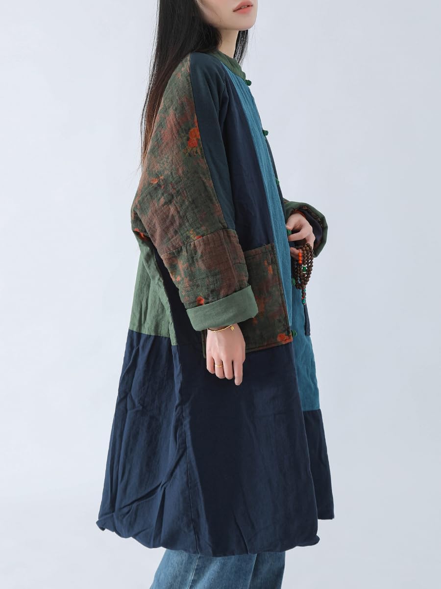 Women's Quilted Color Block Patchwork Coat Vintage Long Trench Coat with Frog Buttons Pockets Warm Winter Jacket - Image 3