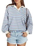 Tankaneo Womens Oversized Rugby Polo Shirts Striped Long Sleeve Collared Tops Y2k Sweatshirt 2024 Fall Clothes Blue