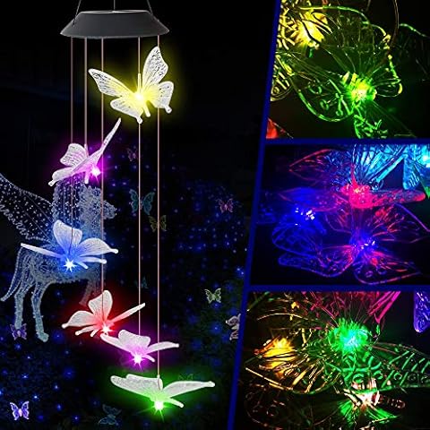 Butterfly Solar Light, Epicgadget Solar Butterfly Wind Chime Color Changing Outdoor Solar Garden Decorative Lights for Walkway Pathway Backyard Christmas Decoration Parties (Clear Wing Butterfly) Cover