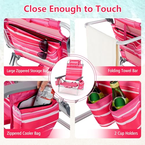 Image of Giantex Folding Beach Chair, Patio Sling Chairs with 5 Adjustable Position, Head Pillow, Storage Bag, Towel Bar, Cup Holders, Backpack Chairs for Sunbathing, Camping Chair