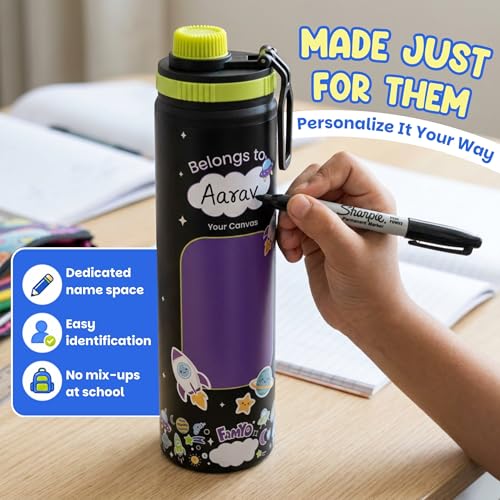 Image of Famyo Stainless Steel Kids Water Bottle 900ml, Leo Astronaut Design | Leakproof Sipper with Carry Loop, BPA Free, Personalizable Name Space, School, Outdoor & Travel, Girls & Boys Ages 4-15