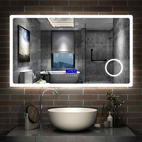 Aica Miroir de Salle de Bain 120cmx70cm Multifonctionnel avec Couleur LED réglable + antibuée + Panneau LCD(Tactile, Haut-Parleur Bluetooth, Horloge, Date, Température) + Miroir grossissant