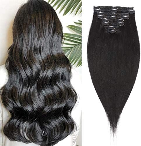 S-noilite Jet Black Clip in Hair Extensions Real Human Hair 8 Pieces 18 Clips 75g Full Head Clip on Human Hair Extension Thick Straight For Women (10inch, 1)