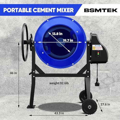 BSMTEK 4.3 Cubic Ft Electric Concrete Mixer, 3/5HP, 450W Portable Concrete Mixer Machine with Stand And Wheels for Stucco, Mortar, Seeds (Blue)