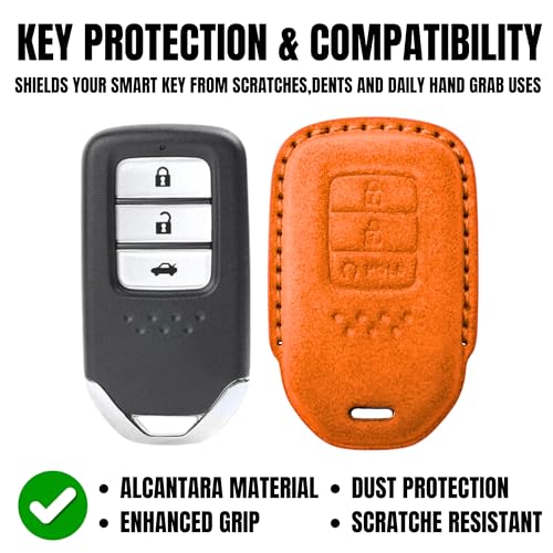 Image of KMH Alcantara Car Key Cover Compatible with Honda City, Civic, Jazz, Amaze, CR-V, WR-V, BR-V Models 3 Buttons Shell Case Holder Full Key Protector Smart Keycover (D2) Orange - Pack of 1