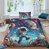 astronauta copripiumino multicolore copripiumino morbido di lusso con chiusura a cerniera set di biancheria da letto trapuntata di facile manutenzione con federe set da 3 pezzi single（135x200cm）