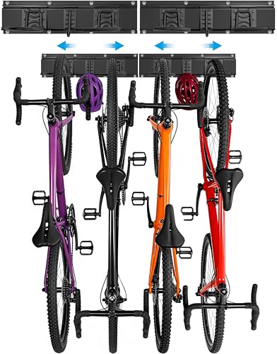 OUUTMEE Support Vélo Mural Vertical en Acier au Carbone, Système de Rangement Mural Réglable, Crochets en Fer Solide Antirouille pour Garages, 4 Vélos + 2...