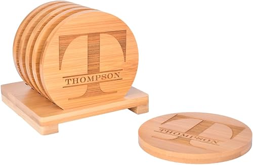 Miniatura 2 de Posavasos de bambú personalizados, posavasos de monograma grabados personalizados con soporte, grandes regalos para familiares, amigos o para ti