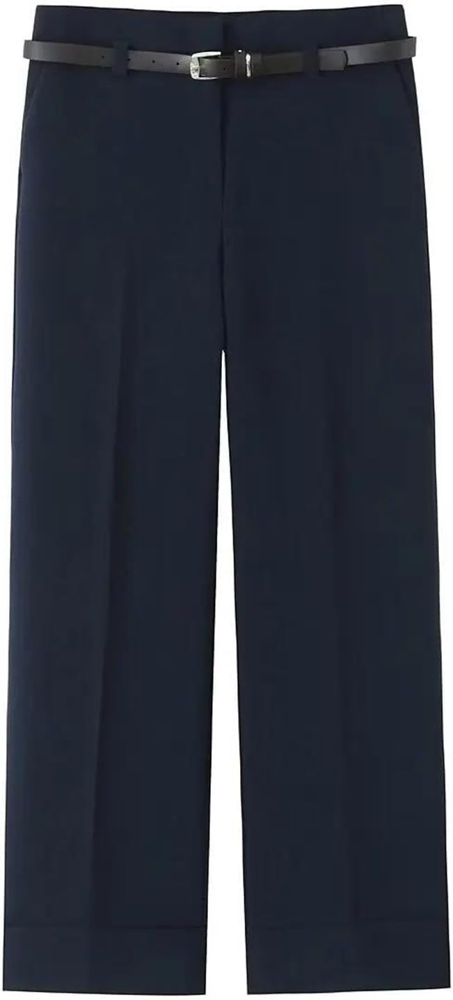 Women’s Rolled Hem Casual Pants Comfortable Straight Fit Long Trousers with Belt for Work Daily Wear