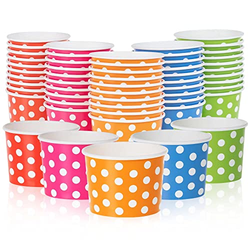 MATICAN Paper Ice Cream Cups - 50-Count 9-Oz Disposable Dessert Bowls for Hot or Cold Food 9-Ounce Party Supplies Treat Cups for Sundae Frozen Yogurt Soup 5 Colors Polka Dots
