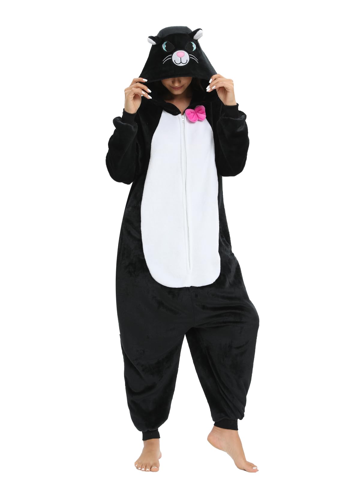Piżama jednoczęściowa dla dorosłych zwierzę jednoczęściowy kostium czarnego kota Halloween cosplay dla kobiet mężczyzn