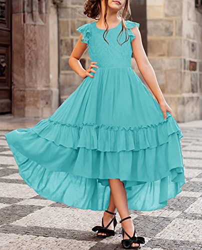 Hosika Little Girls Boho Swing Dress Lace Ruffle Swing Party Communion Easter Dresses For Kids 10-11 Years Aqua Blue #TOP6