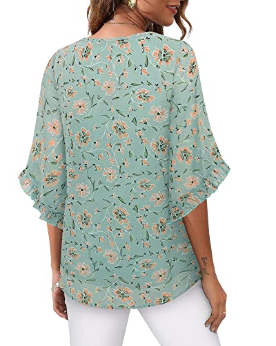 Vafloy Elegant 3/4 Sleeve Chiffon Top - Ladies Floral Swing Tunic Xxl - Business Casual Wear #TOP2
