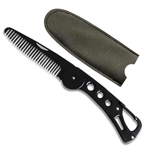 Kootinn Stainless Steel Folding Beard Comb - Portable Multifunction Anti Static Comb with Leather Cover for Men Grooming, Combing Hair, and Mustache Styling