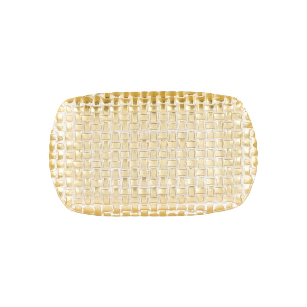 VietriRufolo Glass Gold Basketweave Rectangular Tray Serving Platter, Table Decor