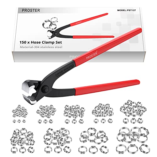 Proster Single Ear Stepless Hose Crimper Tool Kit, 1Pcs Single Ear Hose Clamp Crimper With 150Pcs 6-31.6Mm 304 Stainless Steel Cinch Clamp Rings #TOP6