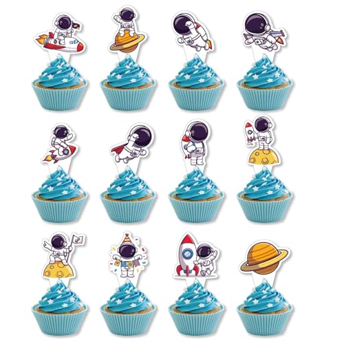 24Pcs Space Astronaut Cupcake Toppers Rocket Astronaut Spaceship Planet Cupcake Picks First Trip to The Moon Space Cake Decorations for Boys Girls Birthday Baby Shower Space Birthday Party Decorations