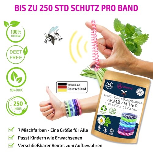 Olleeno® Mückenschutz Armband Moskito Insektenschutz Armband für Outdoor Camping Wandern Sport Anti Mückenarmband für Kinder und Erwachsene (14 Stück + 60 Mückenabwehr Aufkleber)