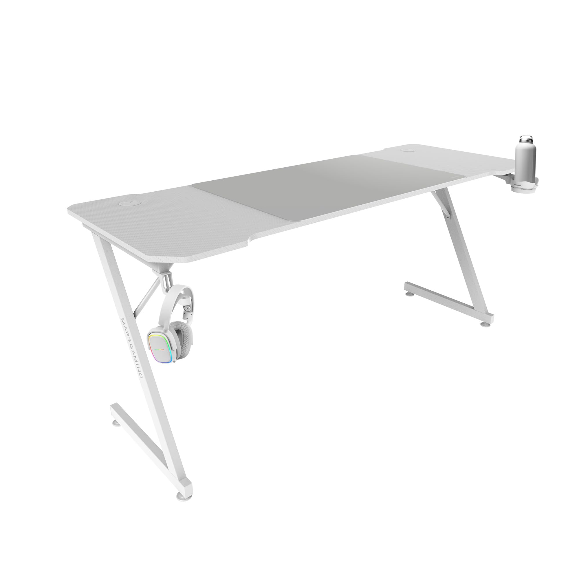Mars Gaming MGD-X160, Bureau Gaming Ergonomique, Surface en Fibre de Carbone, Structure Métallique, Tapis de Souris XXL, Supports Casque et Boissons, Gestion des Câbles, Bureau Gaming 160x60cm, Blanc