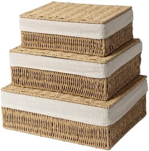 Set of 3 Woven Storage Baskets with Lids Handmade Seagrass Storage Boxes with Fabric Liner Rectangular Wicker Organizer Bins for Home Closet Shelf Bedroom Nursery Organization