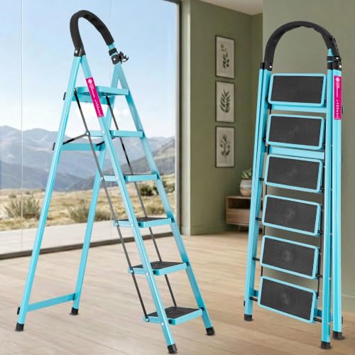 Image of Casa Copenhagen Teal Blue 6 Step Ladder for Home Use with Built-in Tool Tray | Heavy Duty D Shape Rods | Ultra Large Platform | Wide Rubber Feet | 150Kg Capacity Foldable Ladder - 7 Years Warranty