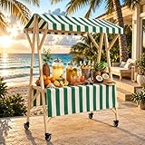 TrixmEsque Mobiler Marktstand Verkaufsstand Mit Rädern Und überdachung Holz Verkaufsständer Für Veranstaltungen Im Freien, Dessertwagen, Limonadenstand, Imbissstand Green Striped 59x30.7x76.3in