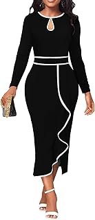 Women's Church Dresses Long Sleeve Work Business Party Dress Bodycon Vintage Wrap Ruffle Midi Pencil Dress - Buy now