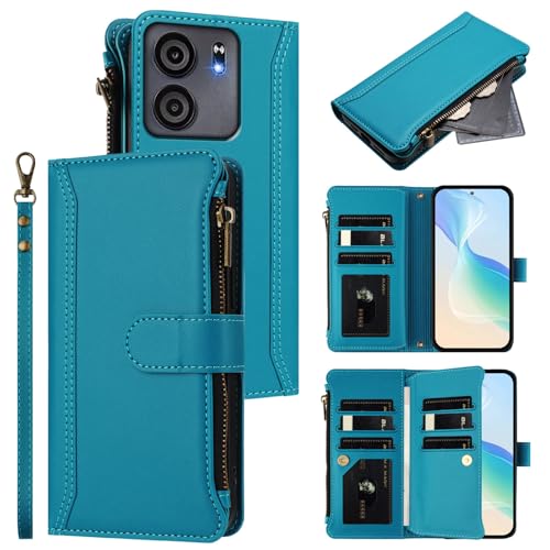 Jiajihua Hülle Kompatibel mit BLU View 5 4G,Kompatibel mit BLU View 5 4G Lanyard【9 Kartenfächer】【Reißverschluss Brieftasche】【Magnetischer Verschluss】 Ständer Lakeblue