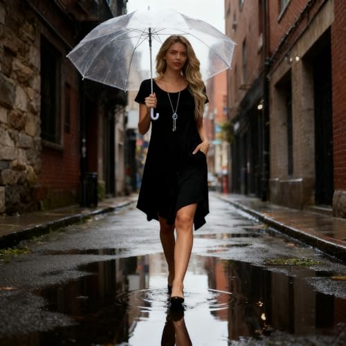 Image of Women Casual Loose Soft Crewneck Short Sleeve Pockets Swing T-Shirt Dress