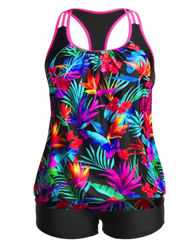 Holipick Plus Size Tankini Swimsuit for Women Two Piece Tummy Control Bathing Suit Blouson Racerback Tankini Top with Shorts