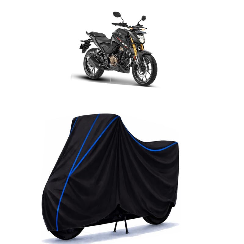 Image of CB 300 F Bike Cover Water Resistant Universal Motorcycle Rain | Heavy Duty UV Protection, Dust, Scratch Indoor Outdoor All Weather with Black Blue Piping Elastic