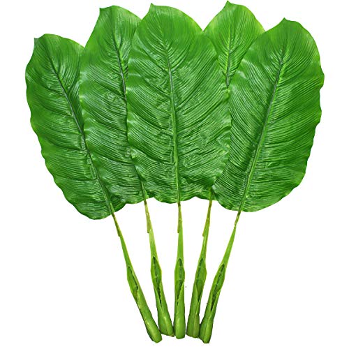Warmter Fake Leaves 25'' Large Artificial Palm Leaves Banana Leaves Tropical Plant Green Single Leaf Palm Fronds Hawaiian Luau Party Theme Palm Sunday Decorations 5 Pcs (Green)