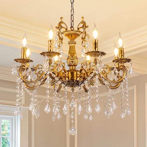 Wellmet 8 Lights Vintage Gold Candle Crystal Chandeliers, Modern Classic Traditional Pendant Ceiling Light Fixture for Dining Room, Living Room, Bedro