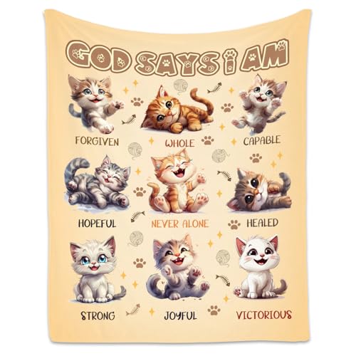 Cat Blanket, Cozy Soft Throw Gifts for Boys Girls, 50x60 Inch Cute Flannel Blanket for Cat Lovers, God Says I Am Throw Blankets for Bed Travel